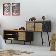 Credenza Alexandra House Living Marrone Nero Grigio Ferro Rattan Legno di abete 42 x 90 x 202 cm