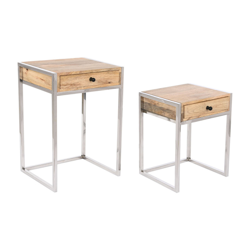 Set di 2 tavoli Home ESPRIT Marrone Argentato Naturale Acciaio Legno di mango 45,5 x 41 x 66,5 cm